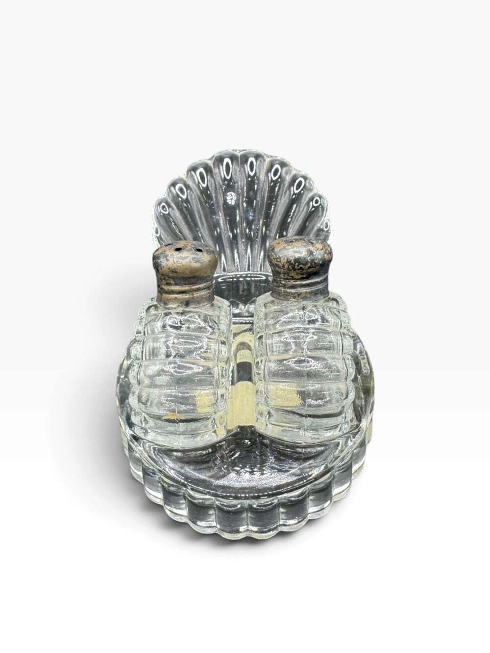 Vintage Art Deco Clear Glass Clam Shell Salt Pepper Shakers Sterling Silver Caps